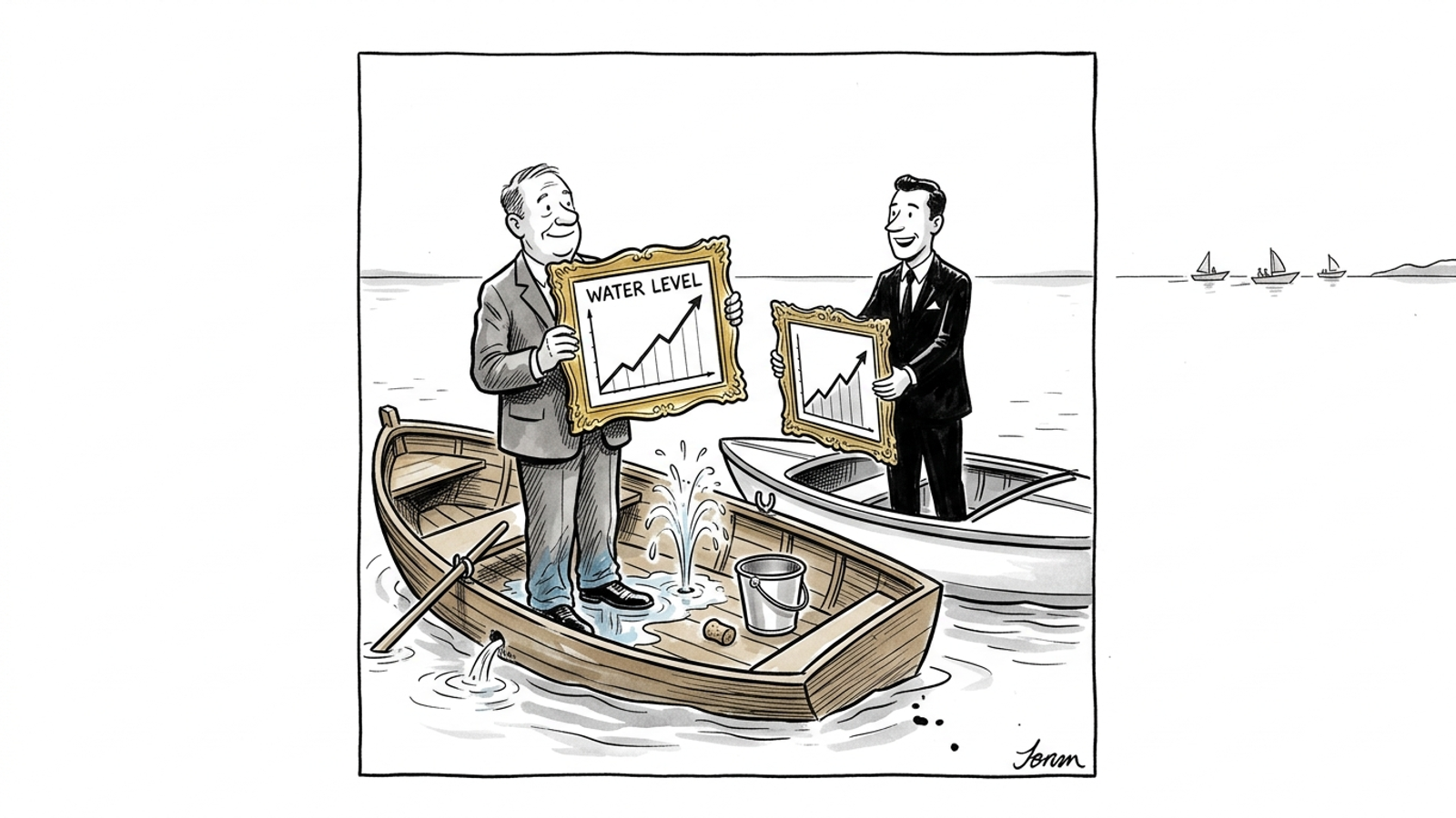 Cartoon of a businessman in a sinking rowboat proudly admiring a gold-framed chart of the rising water while his bailing bucket sits unused.